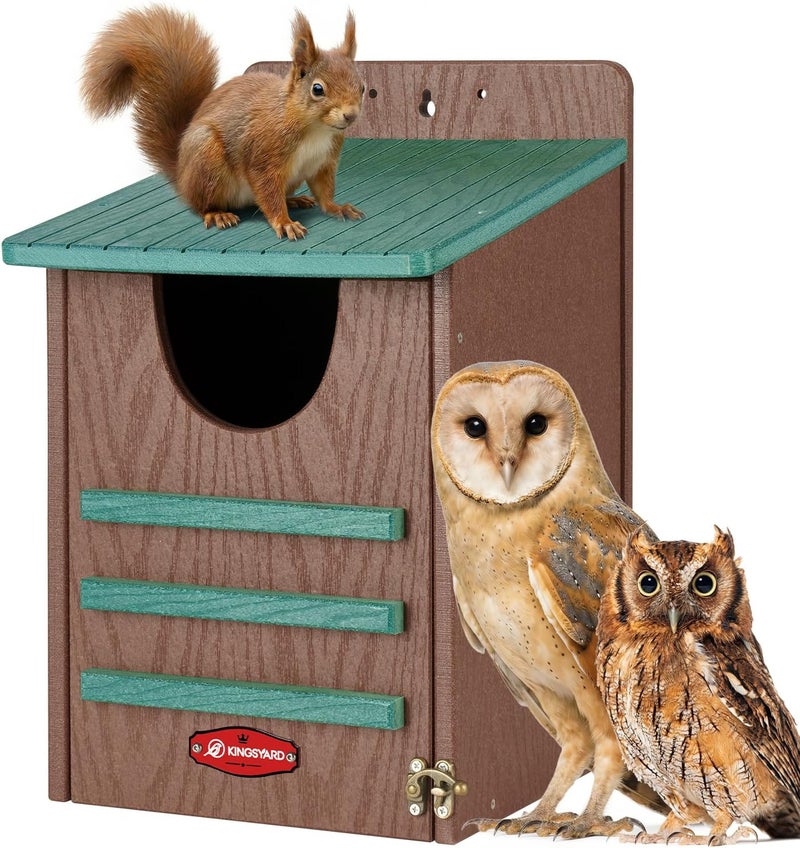 Kingsyard Large Recycled Plastic Wooden Owl House, Waterproof Screech Owl Bird Boxes for Outside, Owl Nesting Box Kit with Screws Ideal for Wildlife, Elf, Pygmy, Garden, Air Ventilation. Green - Image 1